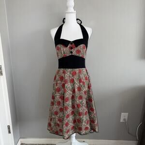 Hell Bunny Vixen 50s Style Leopard Roses Rockabilly Halter Swing Dress Size M